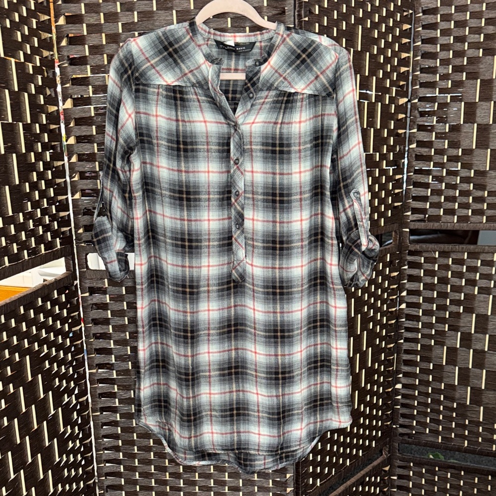 Zara Basic Plaid Button-Up Tunic Shirt Dress Size S